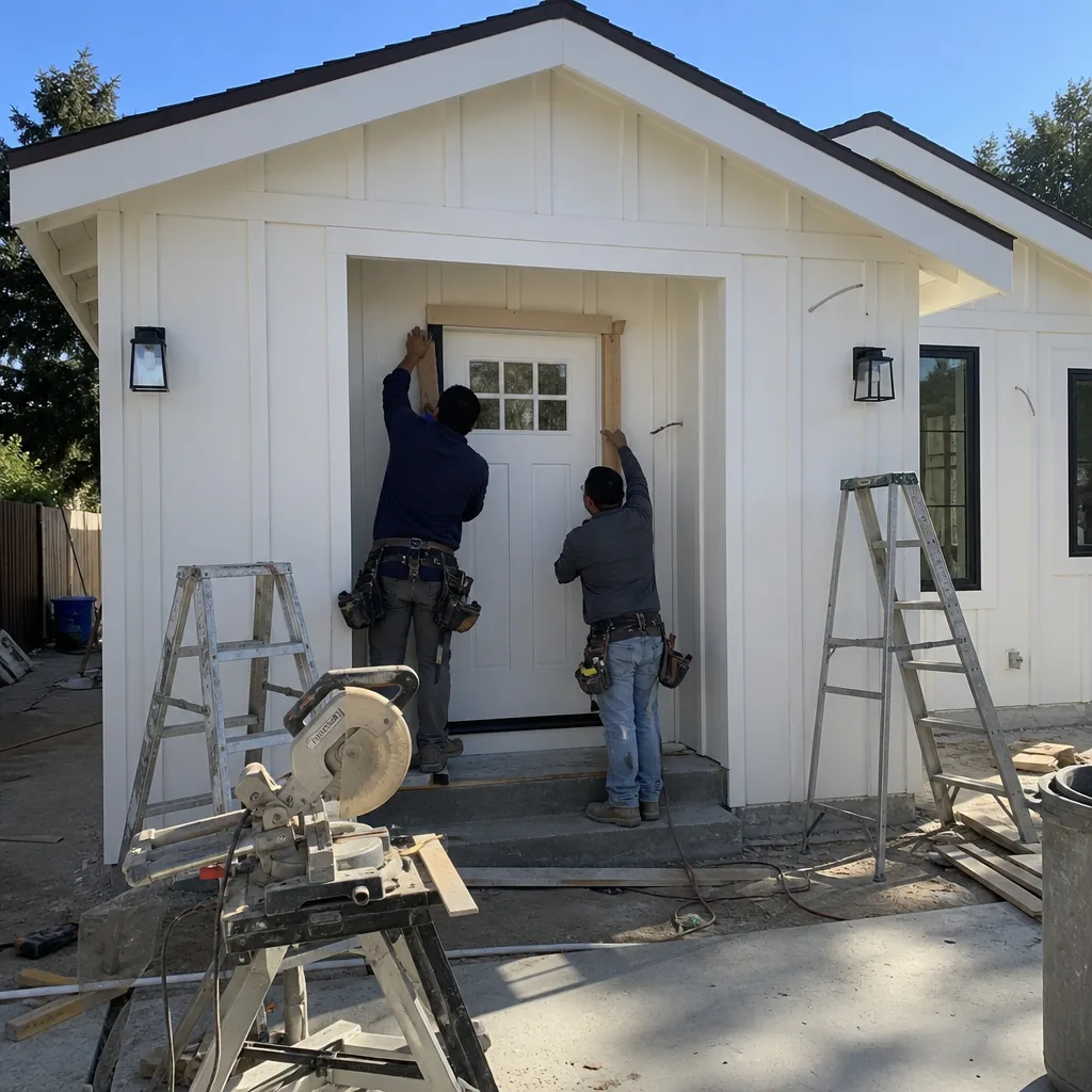 Two construction workers installing trim on the front door of an ADU