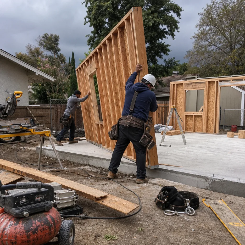 Professional builders installing wooden wall frame for a new accessory dwelling unit.