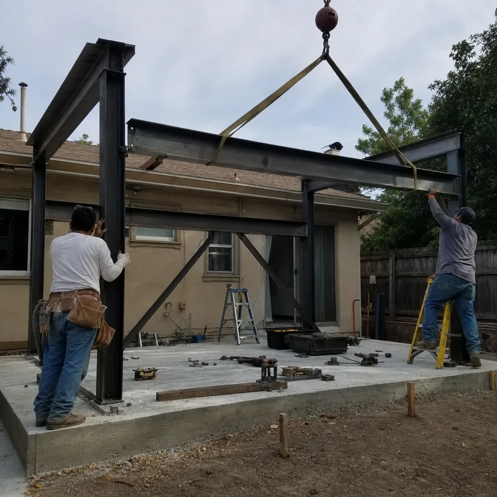 Construction workers assembling steel frame for residential accessory dwelling unit