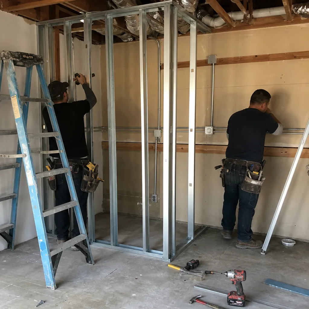 contractors assembling metal framing for an ADU garage conversion