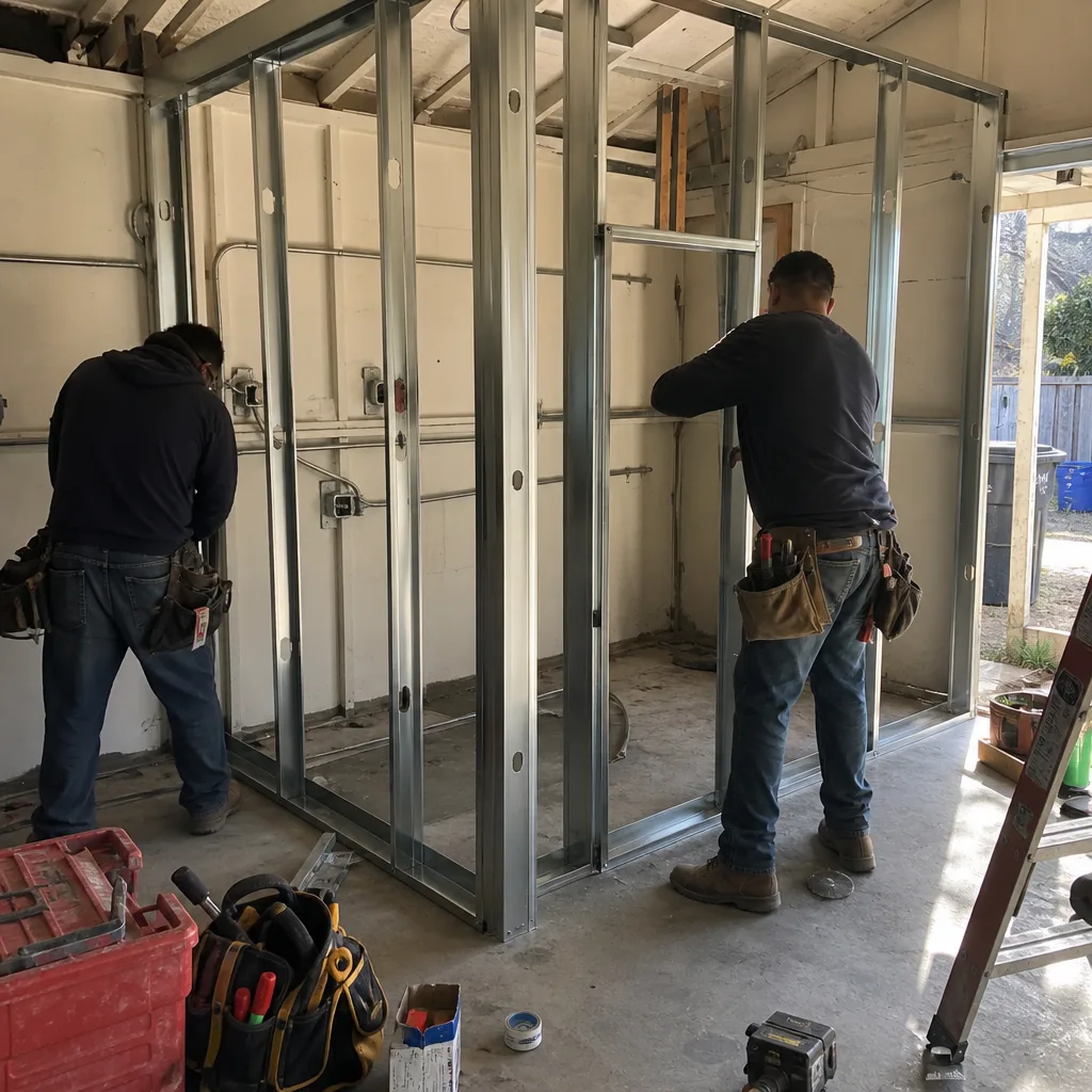 Contractors installing steel stud framing for a garage conversion project