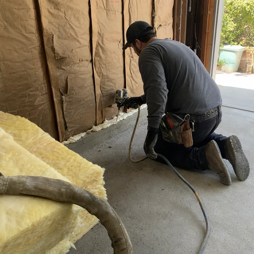 Contractor installing insulation during a professional garage conversion project.